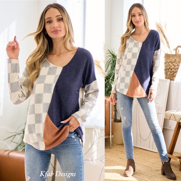 Tops - ❤️LAST ONE! V Neck Color Block Checker Print Sweatshirt with Solid Contrasts!